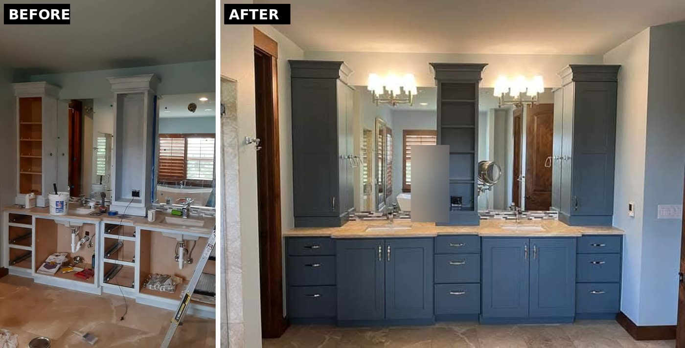 Before and after: double bathroom vanity primed, then finished in blue by Rock's Finest Finishes