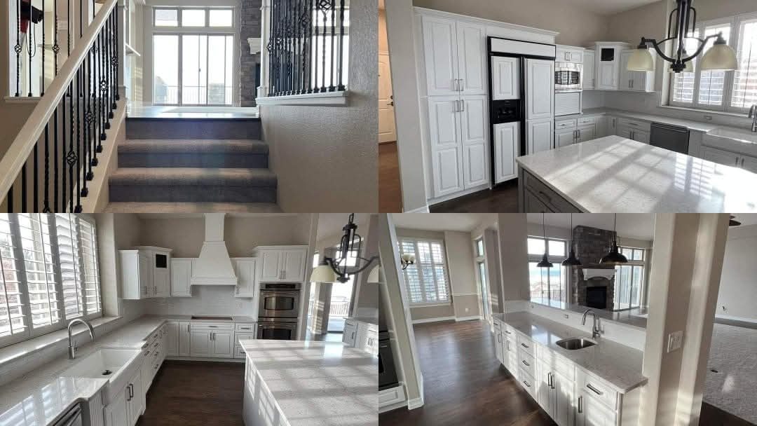 White kitchen, staircase and great room projects by Rock's Finest Finishes